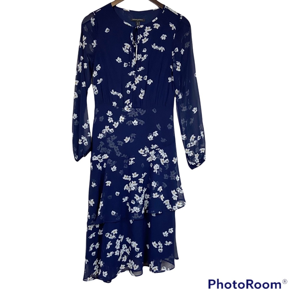 Banana Republic navy floral tiered midi dress long sleeve NWT 0